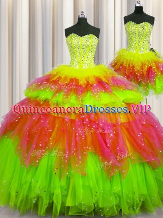 Three Piece Visible Boning Multi-color Ball Gowns Tulle Sweetheart Sleeveless Beading Floor Length Lace Up Quinceanera Gown