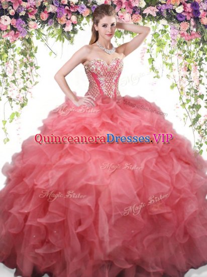 Delicate Coral Red Organza Lace Up Sweetheart Sleeveless Floor Length Ball Gown Prom Dress Beading and Ruffles - Click Image to Close