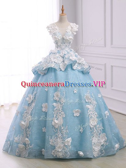 Edgy Light Blue Organza Lace Up 15th Birthday Dress Sleeveless Court Train Appliques - Click Image to Close