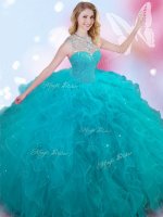 Low Price Teal Ball Gowns Tulle High-neck Sleeveless Beading Floor Length Lace Up Quinceanera Gowns