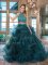 Brush Train Two Pieces Ball Gown Prom Dress Teal Halter Top Tulle Sleeveless Backless