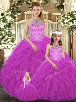 Simple Fuchsia Lace Up Halter Top Beading and Ruffles 15 Quinceanera Dress Tulle Sleeveless