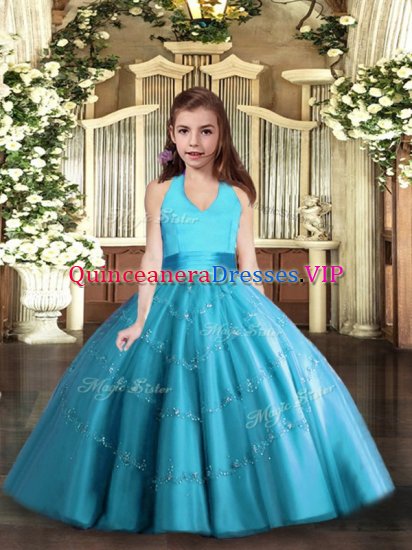 Floor Length Ball Gowns Sleeveless Baby Blue Little Girl Pageant Gowns Lace Up - Click Image to Close