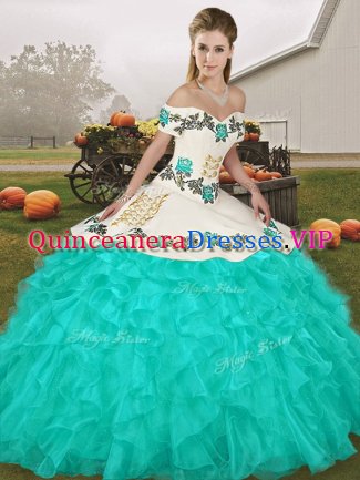 Charming Turquoise Ball Gowns Embroidery and Ruffles Sweet 16 Dress Lace Up Organza Sleeveless Floor Length