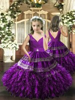 Fancy Eggplant Purple Ball Gowns Organza V-neck Sleeveless Beading and Appliques and Ruffles and Ruching Floor Length Backless Pageant Dress for Girls