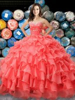 Ideal Sweetheart Sleeveless Quinceanera Dresses Floor Length Beading and Ruffles Coral Red Organza