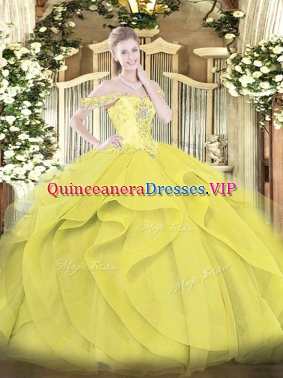Delicate Yellow Tulle Lace Up 15th Birthday Dress Sleeveless Floor Length Beading and Ruffles - Click Image to Close