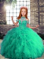 Turquoise Lace Up Little Girl Pageant Dress Beading and Ruffles Sleeveless Floor Length(SKU PAG1235-5BIZ)