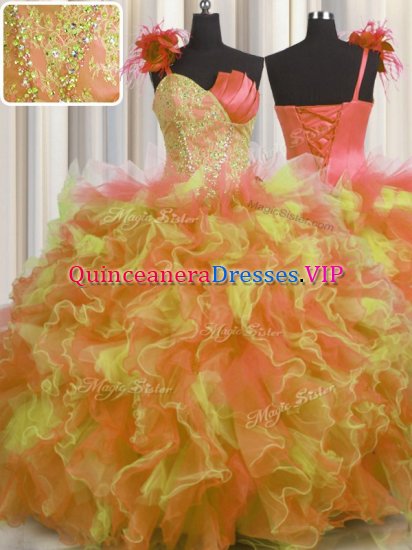 Inexpensive Handcrafted Flower Multi-color One Shoulder Neckline Beading and Ruffles and Hand Made Flower Quinceanera Gown Sleeveless Lace Up - Click Image to Close