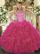 Floor Length Lace Up Ball Gown Prom Dress Hot Pink for Military Ball and Sweet 16 and Quinceanera with Beading and Embroidery