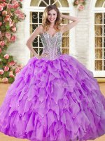 Edgy Eggplant Purple Ball Gowns Beading and Ruffles Quinceanera Gowns Lace Up Organza Sleeveless Floor Length