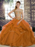 Customized Orange Quinceanera Dresses Off The Shoulder Sleeveless Brush Train Lace Up