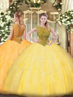 Gold Zipper Scoop Beading and Ruffles Quince Ball Gowns Tulle Sleeveless