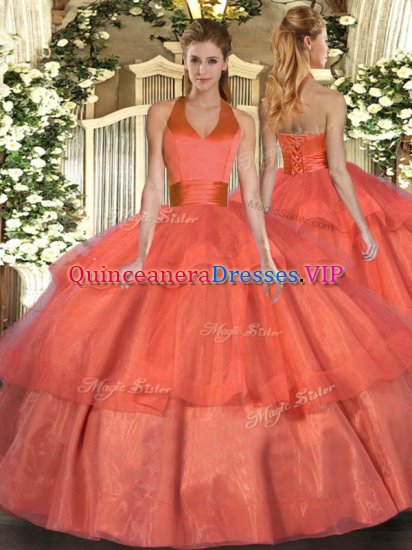 Shining Orange Red Lace Up 15 Quinceanera Dress Ruffled Layers Sleeveless Floor Length - Click Image to Close