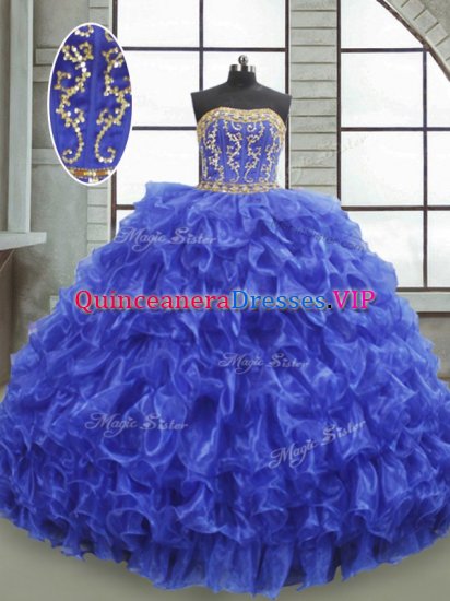 Stylish Floor Length Royal Blue 15th Birthday Dress Organza Sleeveless Beading and Appliques and Ruffles - Click Image to Close