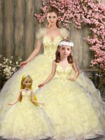 Graceful Light Yellow Ball Gowns Sweetheart Sleeveless Tulle Floor Length Lace Up Beading and Ruffles Vestidos de Quinceanera