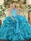 Fine Teal Quinceanera Dresses Military Ball and Sweet 16 and Quinceanera with Beading Halter Top Sleeveless Lace Up