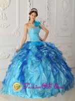 Morichal colombia Aqua Blue One Shoulder Discount Quinceanera Dress Beaded Bodice Satin and Organza Ball Gown