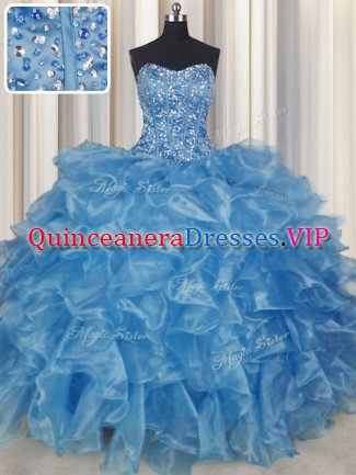 Deluxe Visible Boning Strapless Sleeveless Lace Up Quinceanera Gown Baby Blue Organza