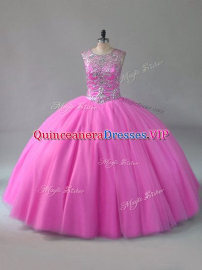 Rose Pink Scoop Neckline Beading Quinceanera Dresses Sleeveless Lace Up - Click Image to Close
