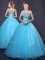 Decent Tulle Strapless Sleeveless Lace Up Appliques Sweet 16 Dresses in Baby Blue