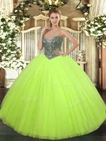 Most Popular Yellow Green Sleeveless Floor Length Beading Lace Up Quince Ball Gowns
