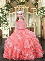 Amazing Watermelon Red Ball Gowns Organza Scoop Sleeveless Lace and Ruffled Layers Floor Length Zipper High School Pageant Dress
