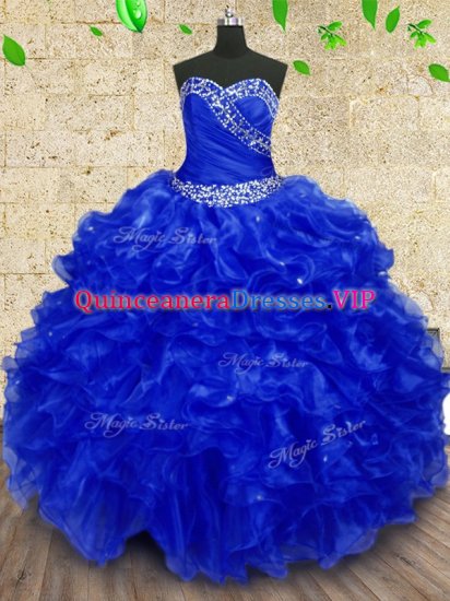 Fashionable Organza Sweetheart Sleeveless Lace Up Beading and Ruffles and Ruching Sweet 16 Dress in Royal Blue - Click Image to Close