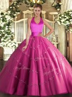 Sumptuous Sleeveless Floor Length Appliques Lace Up 15th Birthday Dress with Hot Pink
