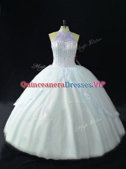 Eye-catching Tulle Halter Top Sleeveless Lace Up Beading Vestidos de Quinceanera in Blue - Click Image to Close