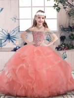 Floor Length Watermelon Red Pageant Dress Toddler Tulle Sleeveless Beading and Ruffles