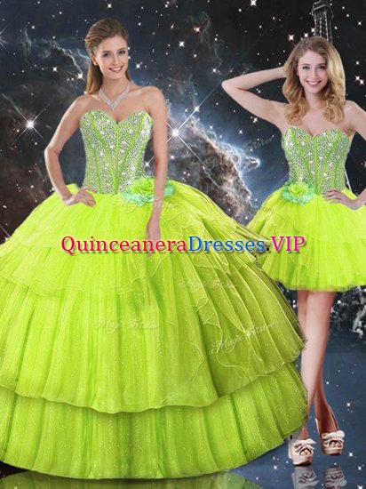Sleeveless Organza Floor Length Lace Up Ball Gown Prom Dress in Yellow Green with Ruffled Layers - Click Image to Close