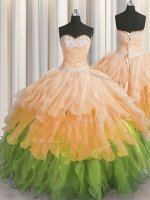 Sleeveless Lace Up Floor Length Beading and Ruffles and Ruffled Layers and Sequins Custom Made