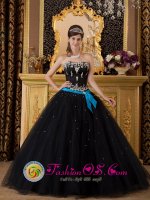 Ecublens Switzerland Black and Aqua Strapless Elegant Quinceanera Dress With Appliques Decorate and Bow Band with Tulle Skirt