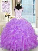 Floor Length Lilac Sweet 16 Quinceanera Dress Organza Sleeveless Beading and Appliques and Ruffles(SKU PSSW0319-9BIZ)