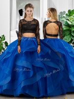 Fashionable Tulle Long Sleeves Floor Length Military Ball Gowns and Lace and Ruffles