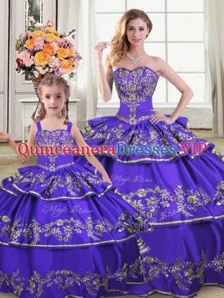 Purple Lace Up Strapless Embroidery and Ruffled Layers 15th Birthday Dress Satin and Organza Sleeveless