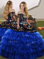 Floor Length Blue And Black Sweet 16 Quinceanera Dress Off The Shoulder Sleeveless Lace Up(SKU SJQDDT2156002BIZ)