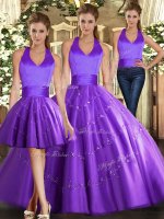 Sexy Purple Ball Gowns Tulle Halter Top Sleeveless Beading Floor Length Lace Up Quinceanera Dress