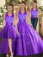 Sexy Purple Ball Gowns Tulle Halter Top Sleeveless Beading Floor Length Lace Up Quinceanera Dress(SKU SJQDDT1654007BIZ)