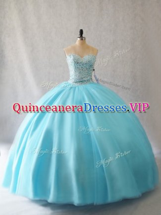 Tulle Sweetheart Sleeveless Lace Up Beading Sweet 16 Dress in Aqua Blue
