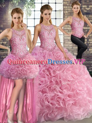 Delicate Rose Pink Fabric With Rolling Flowers Lace Up Sweet 16 Dresses Sleeveless Floor Length Beading