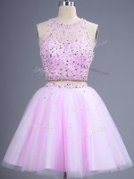 Custom Designed Sleeveless Tulle Knee Length Lace Up Quinceanera Court Dresses in Lilac with Beading