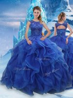 Scoop Sleeveless 15 Quinceanera Dress Floor Length Beading and Ruffles Blue Organza