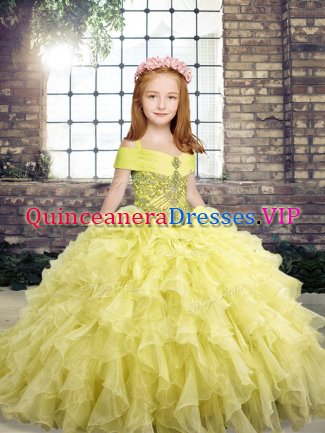 Elegant Yellow Lace Up Little Girls Pageant Dress Wholesale Beading and Ruffles Sleeveless Floor Length