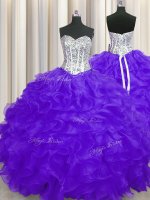 Deluxe Purple Lace Up Sweetheart Beading and Ruffles 15 Quinceanera Dress Organza Sleeveless