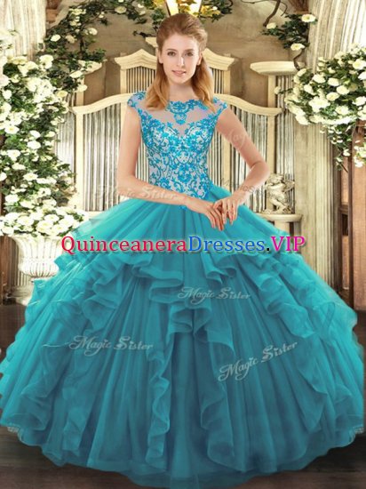 Teal Lace Up Quinceanera Gown Ruffles Cap Sleeves - Click Image to Close
