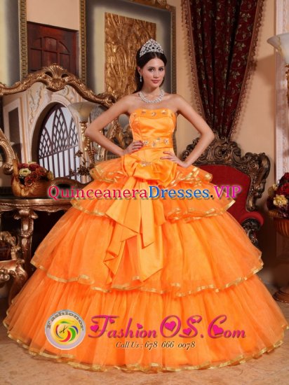 Orange Ruffles Layered Strapless Organza Quinceanera Dress With Bow In New Jersey - Click Image to Close