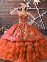 Fabulous Sleeveless Floor Length Embroidery and Ruffled Layers Lace Up Quince Ball Gowns with Rust Red