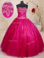 Popular Tulle Sweetheart Sleeveless Lace Up Beading and Sequins Vestidos de Quinceanera in Fuchsia
